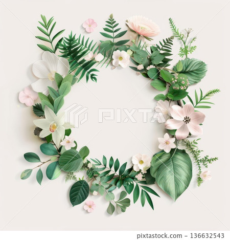 Delicate floral wreath with various green leaves and vibrant flowers, perfect for elegant invitations and nature-themed designs. Delicate floral wreath with various green leaves and vibrant flowers, perfect for elegant invitations and nature-themed designs. 136632543