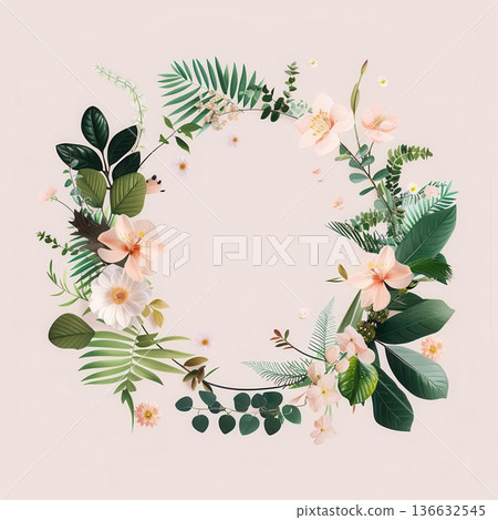A stunning floral wreath featuring delicate flowers and lush foliage, perfect for invitations, cards, and decorative designs. A stunning floral wreath featuring delicate flowers and lush foliage, perfect for invitations, cards, and decorative designs. 136632545