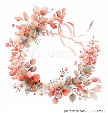 A beautiful floral wreath featuring soft pink leaves and delicate greenery, perfect for adding a touch of elegance to any space. 136632546