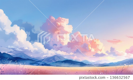Serene landscape with majestic mountains, vibrant clouds, and a colorful sky during sunset, capturing nature's beauty and tranquility. 136632567
