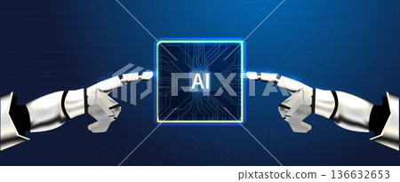Two metallic robotic hands are reaching toward a square AI chip. The background is blue with circuit patterns. This scene shows a focus on technology and artificial intelligence. 136632653