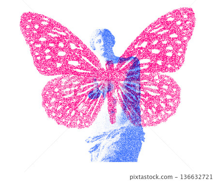 Creative risograph illustration of classical statue combined with butterfly wings, modern surreal collage art Creative risograph illustration of classical statue combined with butterfly wings, modern surreal collage art 136632721