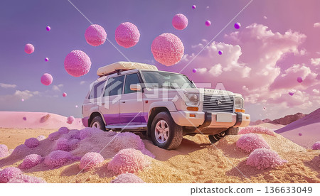 A surreal scene: an old pink gasoline-powered car parked in the desert against the backdrop of the ancient Egyptian pyramids. 136633049