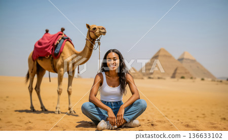 A young woman sits and poses for the camera against the backdrop of the Great Pyramids and the sky. 136633102