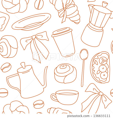 Hand-drawn seamless pattern made of coffee equipment and breakfast elements for cafe or coffee shop branding and packaging 136633111