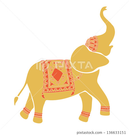 Indian Elephant with traditional festive jewelry, ornament carpet. Hand drawn vector illustration. Flat icon character design, for oriental magazines, maps greeting cards, animal clip arts. 136633151