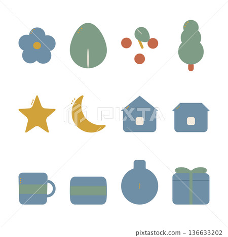 Set of 12 Scandinavian-style simple icons: flowers, leaves, berries, trees, stars, moons, houses, mugs, cushions, vases Set of 12 Scandinavian-style simple icons: flowers, leaves, berries, trees, stars, moons, houses, mugs, cushions, vases 136633202