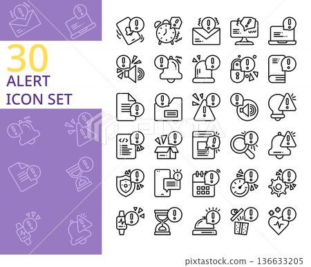 set of 30 alert,warning,caution,notification line style icon, vector illustration set of 30 alert,warning,caution,notification line style icon, vector illustration 136633205