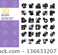 set of 30 alert,warning,caution,notification solid glyph style icon 136633207