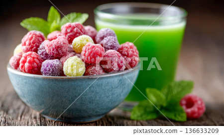 Healthy breakfast bowl with granola, yogurt, fresh raspberries and mint, served with green juice 136633209