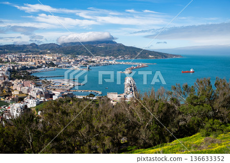 View of the port of Ceuta, a Spanish city in North Africa, at sunrise 136633352