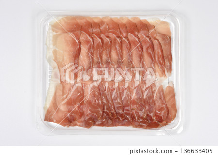 Sliced prosciutto ham in plastic tray packaging Sliced prosciutto ham in plastic tray packaging 136633405