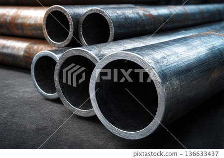 Close-up view of galvanized metal pipes with zinc plating, displaying smooth surfaces and different diameters, arranged against a dark industrial backdrop 136633437