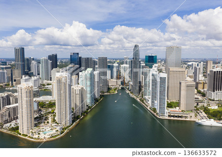 Aerial view of Brickell skyscrapers. Modern cityscape of downtown Miami. Aerial view of Brickell skyscrapers. Modern cityscape of downtown Miami. 136633572