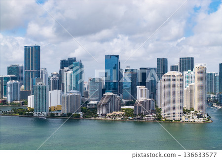 Scenic panorama of Miami financial district. Brickell in Miami city. Miami Urban landscape with iconic buildings. Miami cityscape. 136633577