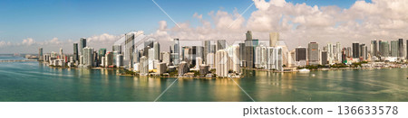 Aerial view of Brickell skyline. Panoramic cityscape of Brickell Miami. Skyscrapers of Brickell. Scenic view of the Brickells financial district. Brickell in Miami Beach. Iconic business towers. 136633578