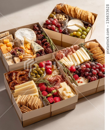 Exquisite boxes with meat snacks, cheese, nuts and fruits. Exquisite snack boxes are filled with delicacies. 136633628