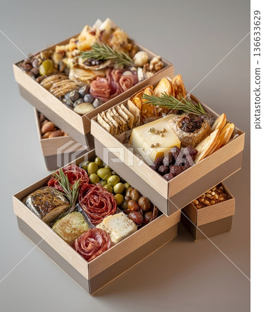 Exquisite boxes with meat snacks, cheese, nuts and fruits. Exquisite snack boxes are filled with delicacies. Exquisite boxes with meat snacks, cheese, nuts and fruits. Exquisite snack boxes are filled with delicacies. 136633629