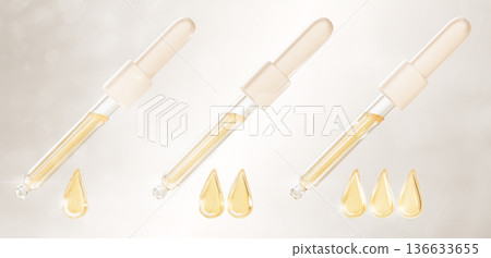 3d pipette set with gold drops of serum, oil or essence. Glass dropper mockup with yellow liquid cosmetic droplets for face, hair, cuticles. Golden drips of perfume or medical product. 3D illustration 136633655