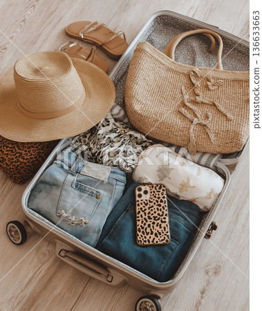 Stylish things for summer travel. Packing essentials, summer fashion Stylish things for summer travel. Packing essentials, summer fashion 136633663