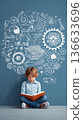 Little student reading a book surrounded by creative imagination and dreams. Concept of achievement and success, brainstorming, child development, learning, school activities. 136633696