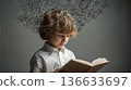 Little student reading a book surrounded by creative imagination and dreams. Concept of achievement and success, brainstorming, child development, learning, school activities. 136633697