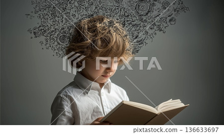Little student reading a book surrounded by creative imagination and dreams. Concept of achievement and success, brainstorming, child development, learning, school activities. 136633697