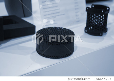 Object printed on 3D printer. Model printed on 3D printer from thermoplastic polyurethane. Prototype printed on 3D printer from powder with thermoplastic polyurethane. TPU technology. Printing concept 136633707