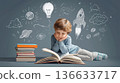 Little student reading a book surrounded by creative imagination and dreams. Concept of achievement and success, brainstorming, child development, learning, school activities. 136633717