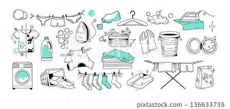 Hand drawn laundry doodle icon set with clothes, washer detergents and washing machines 136633739