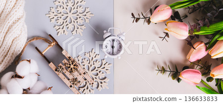 Alarm clock between winter and summer, the day of the vernal equinox top view web banner 136633833