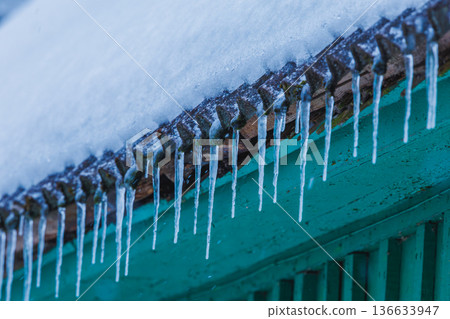Icicles on the roof of the house. Danger of falling 136633947
