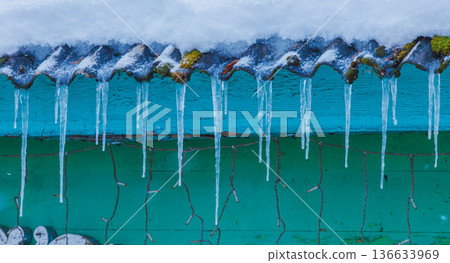 Icicles on the roof of the house. Danger of falling 136633969