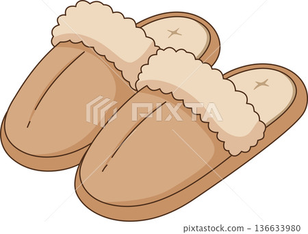 Minimalist Hand Drawn Illustration of Brown Fluffy House Slippers with Faux Fur Lining for Cozy Loungewear and Home Comfort Concept 136633980