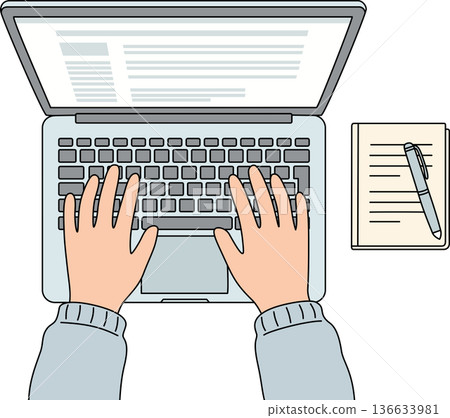 Top View Minimalist Illustration of Hands Typing on Laptop Keyboard with Notebook and Pen for Remote Work and Productivity Concept Top View Minimalist Illustration of Hands Typing on Laptop Keyboard with Notebook and Pen for Remote Work and Productivity Concept 136633981
