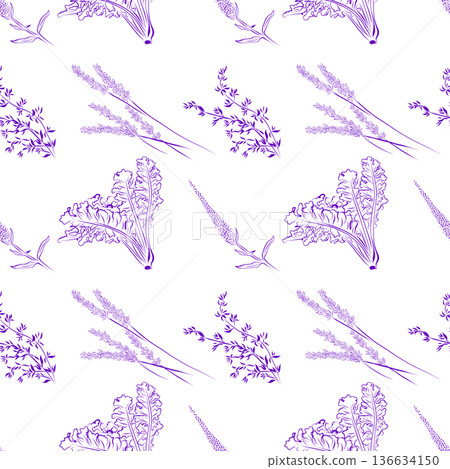 A seamless pattern of line drawings featuring a set of herbs and flowers. A seamless pattern of line drawings featuring a set of herbs and flowers. 136634150