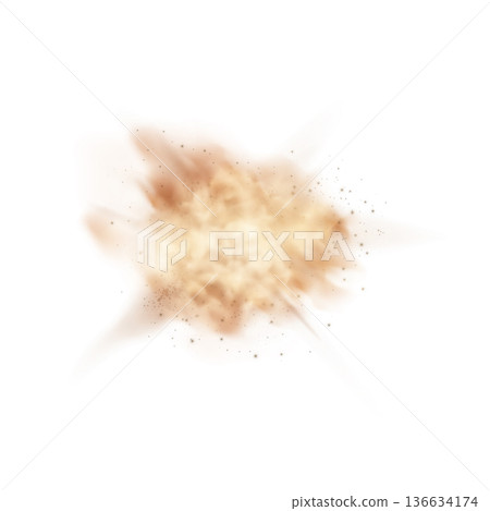 Dust explosion, brown particles, smog cloud, realistic overlay effect. Dust explosion, brown particles, smog cloud, realistic overlay effect. 136634174