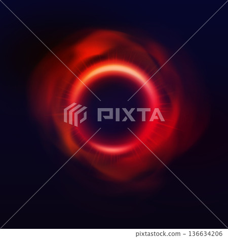 An abstract neon red circle with a glowing effect, rays, and dust on a dark background. An abstract neon red circle with a glowing effect, rays, and dust on a dark background. 136634206