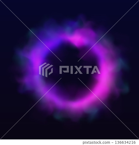 Purple blur neon halo with round smoke, vector glowing ring with luminous aura on dark, circle fog, haze flare light 136634216