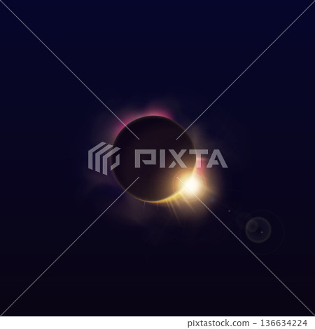 Solar eclipse vector illustration, radiant spheres eclipse with halo light, golden glowing space planet in dark universe Solar eclipse vector illustration, radiant spheres eclipse with halo light, golden glowing space planet in dark universe 136634224