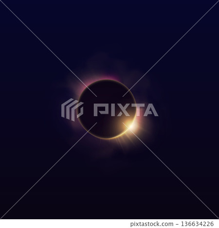 Solar eclipse vector illustration, golden glowing space planets in dark universe, spheres dark silhouette and shiny rays Solar eclipse vector illustration, golden glowing space planets in dark universe, spheres dark silhouette and shiny rays 136634226