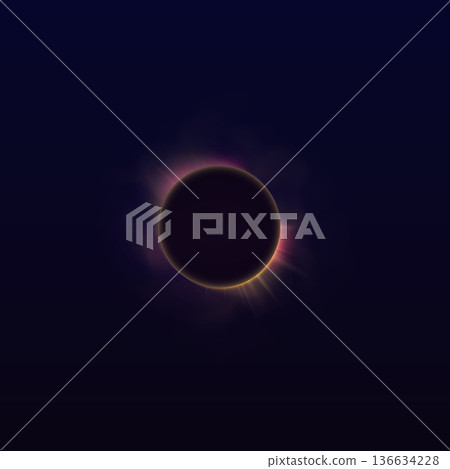 A realistic solar eclipse with a halo, yellow-pink rays of light, and fog, against. A realistic solar eclipse with a halo, yellow-pink rays of light, and fog, against. 136634228