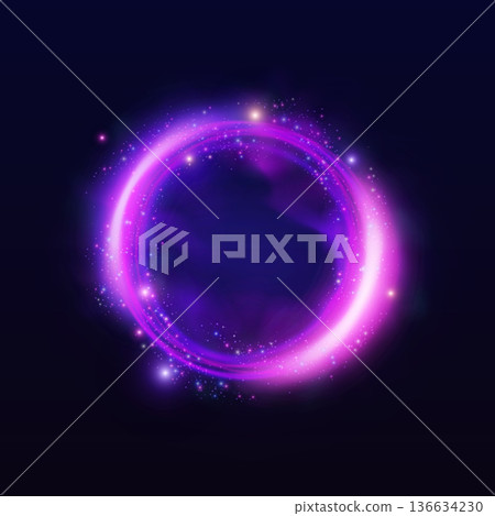 A bright neon halo with a glow effect in pink and purple tones, with luminous particles and fog. 136634230
