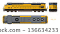 Isolated diesel cargo train. 3d drawing of yellow locomotive. Railway delivery. Side, top and front railroad vehicle view. 136634233