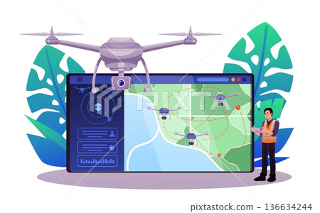 Drone operator using UAV remote control, vector flat map on computer screen with navigation of unmanned aerial vehicles 136634244