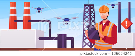 Drone operator using remote control on manufacture or factory, vector flat UAV engineer in an orange helmet and vest 136634245