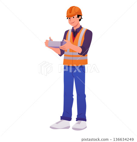 Drone operator using UAV remote control, vector flat engineer in orange helmet vest, Unmanned aerial vehicle operator 136634249