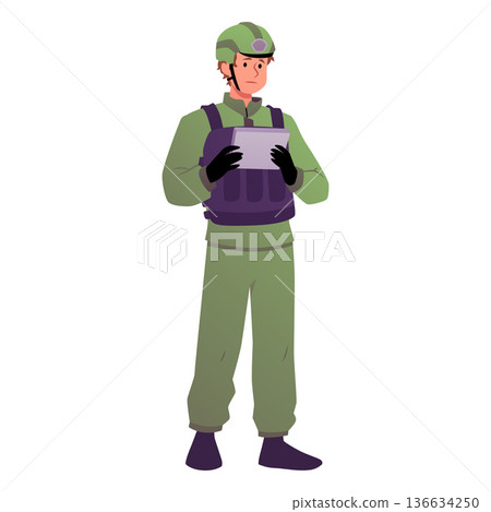 Military engineer, soldier operating UAV system with real-time data monitoring, defense and aerial surveillance missions 136634250