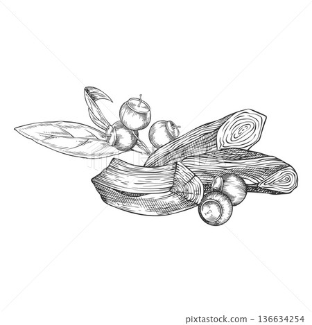A black and white hand-drawn sketch of sandalwood with leaves and berries. A black and white hand-drawn sketch of sandalwood with leaves and berries. 136634254