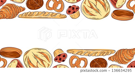 Pattern with flat style bakery product, bread, croissant, baguette and pretzel. Illustration background for bakery packaging, menu, textile and cafe design. Pattern with flat style bakery product, bread, croissant, baguette and pretzel. Illustration background for bakery packaging, menu, textile and cafe design. 136634295
